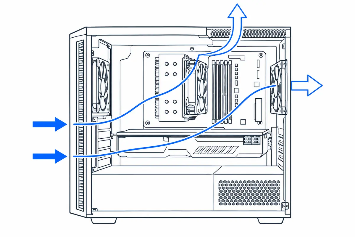Standard PC case airflow: front intake, top and rear exhaust