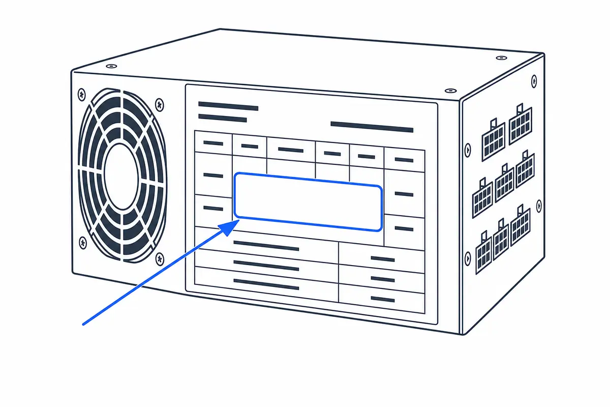 Where to find the wattage rating printed on a power supply
