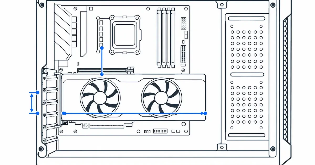 Technical GPU clearance drawing showing graphics card length, height, slot thickness and power cable bend space inside a small case