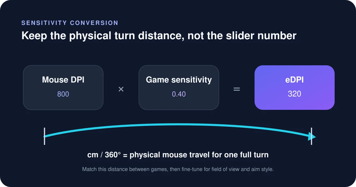 Mouse sensitivity diagram connecting DPI, in-game sensitivity, eDPI and centimetres per 360-degree turn