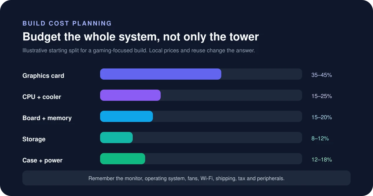PC budget allocation diagram showing how GPU, CPU, platform, memory, storage, case and power supply share a build budget